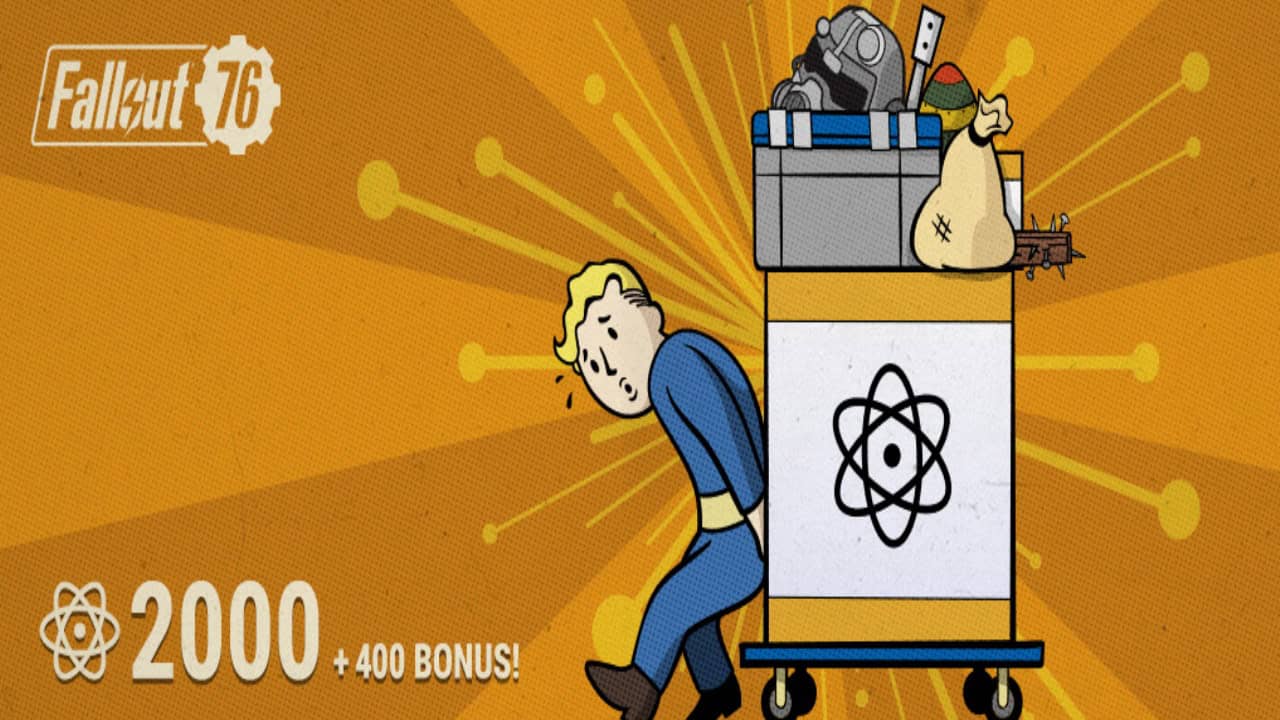  Fallout 76 Atomic Shop: An animated character sits next to a crate with items and an atomic symbol. Image via Bethesda Studios.