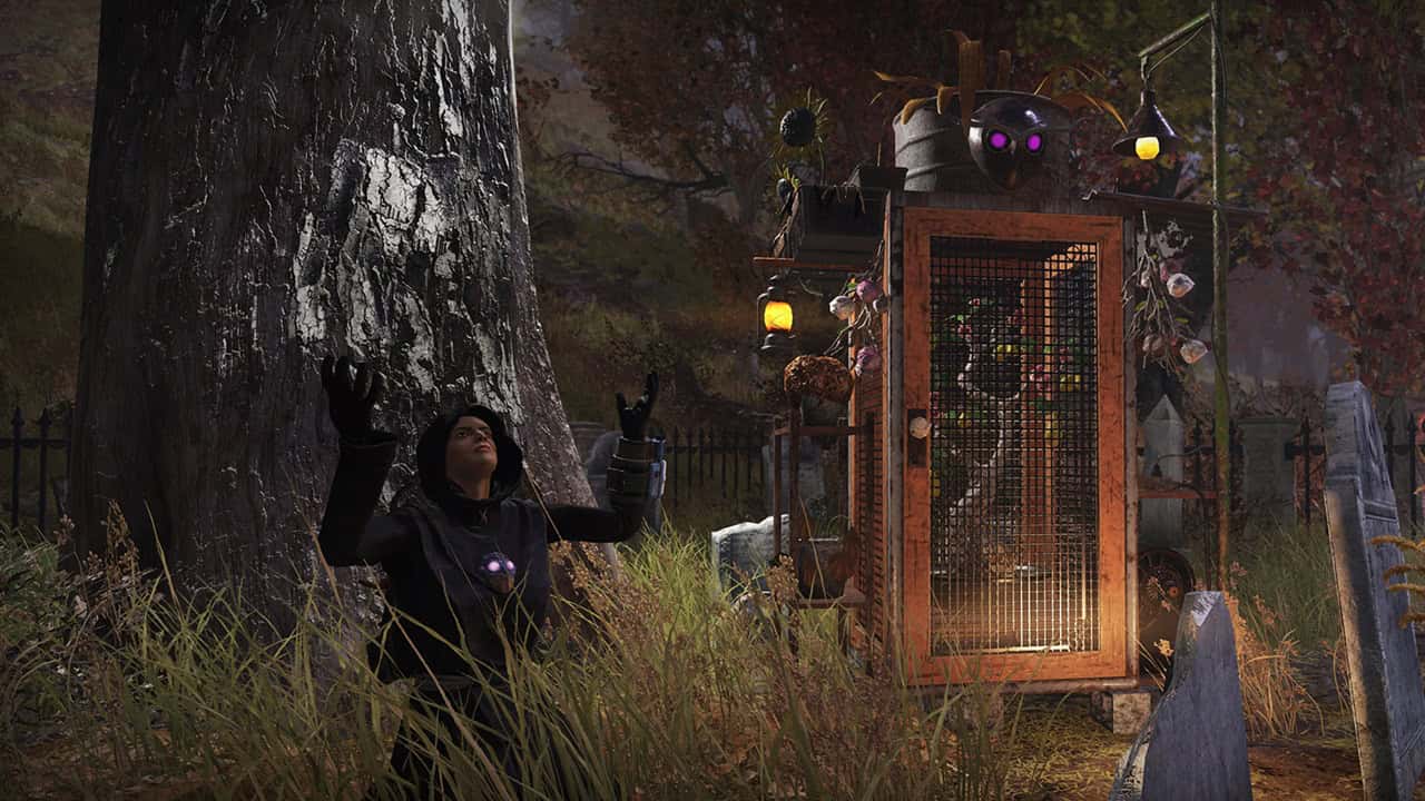 Fallout 76 Atomic Shop: A person in a hooded cloak performing a ritual by a tree. Image via Bethesda Studios.
