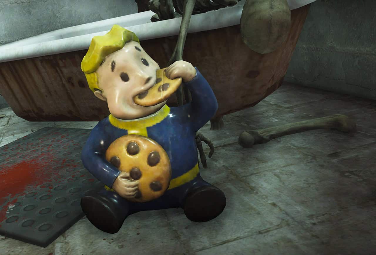 Fallout 76 Atomic Shop: A figurine of a cartoonish, smiling man in a blue suit and yellow hat, eating a cookie. Image via Bethesda Studios.