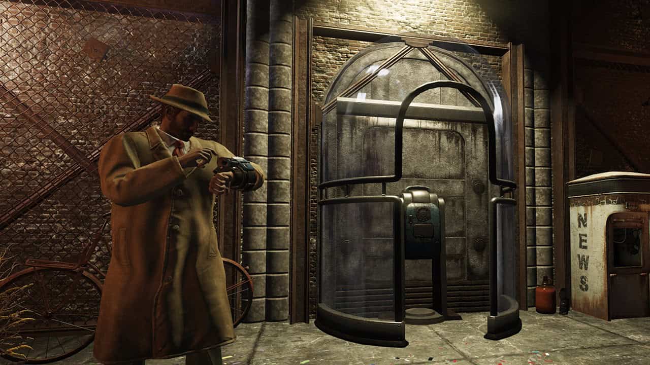 Fallout 76 Atomic Shop: A man in a trench coat and fedora stands near a vintage phone booth. Image via Bethesda Studios.