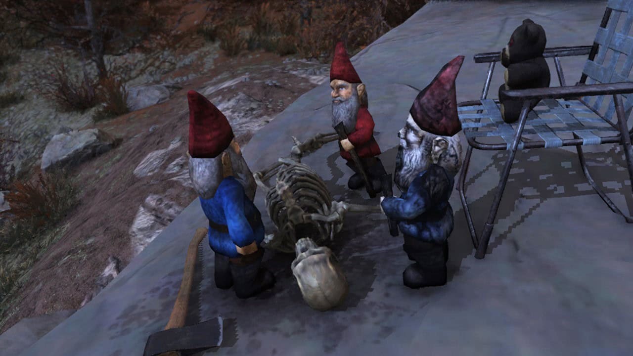 Fallout 76 Garden Gnomes: Three garden gnomes examine a skeleton. Image via Bethesda Studios.