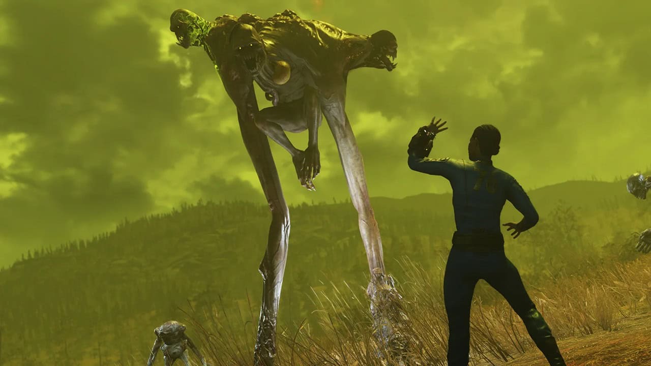 Fallout 76 Nuke Codes: A person in a blue suit gestures towards a tall, skeletal creature. Image via Bethesda Studios.