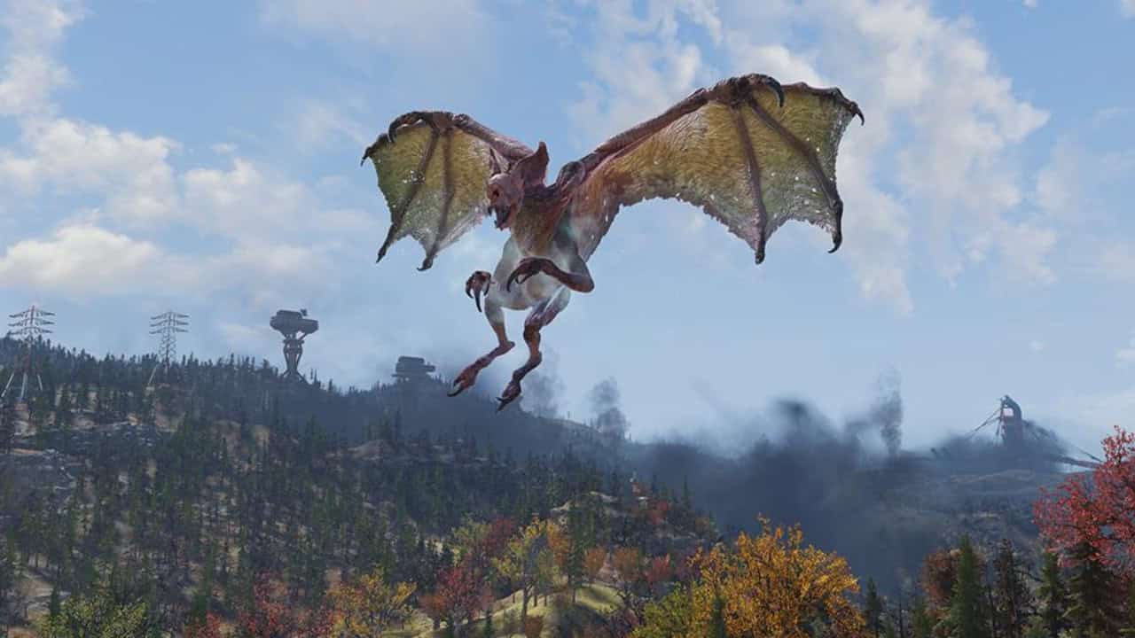 Fallout 76 Nuke Codes: A Scorchbeast flying over a forest in the game. Image via Bethesda Studios.