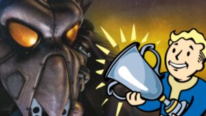 Fallout Enclave soldier standing in front of a cheering Vault Boy