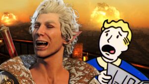 Astaron from Baldur's Gate 3 laughing in front of a shocked Vault Boy as he blows up Fallout 3's Megaton