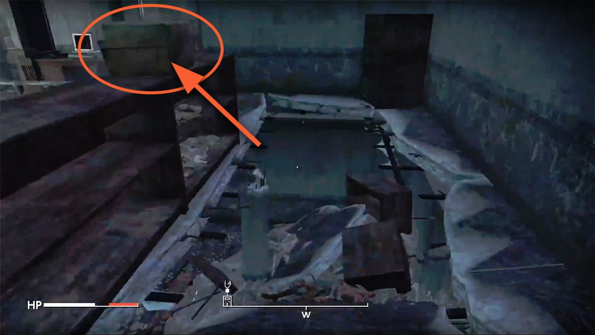 Image of the location in Fallout London, showing the box hiding the Dove's Dilemma book.