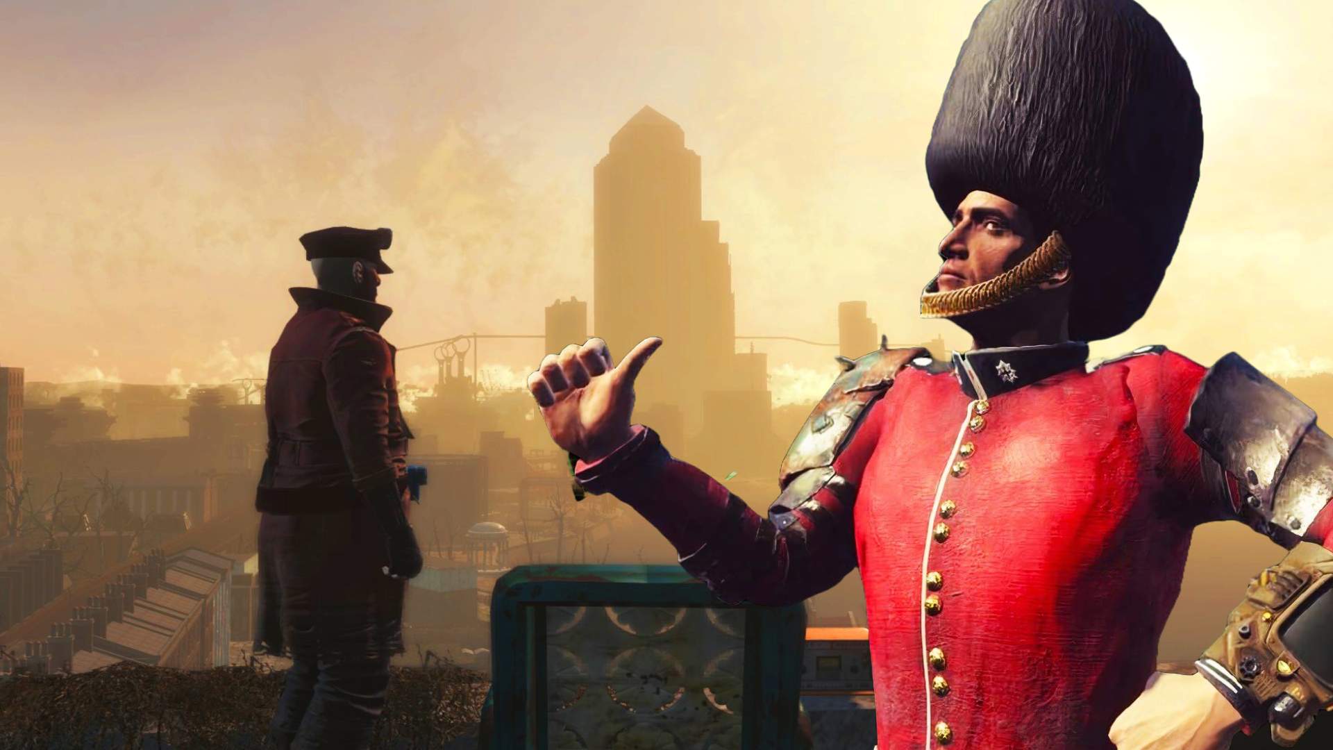 A fallout london screenshot showing a tower guard standing in front of an apocalyptic sunset