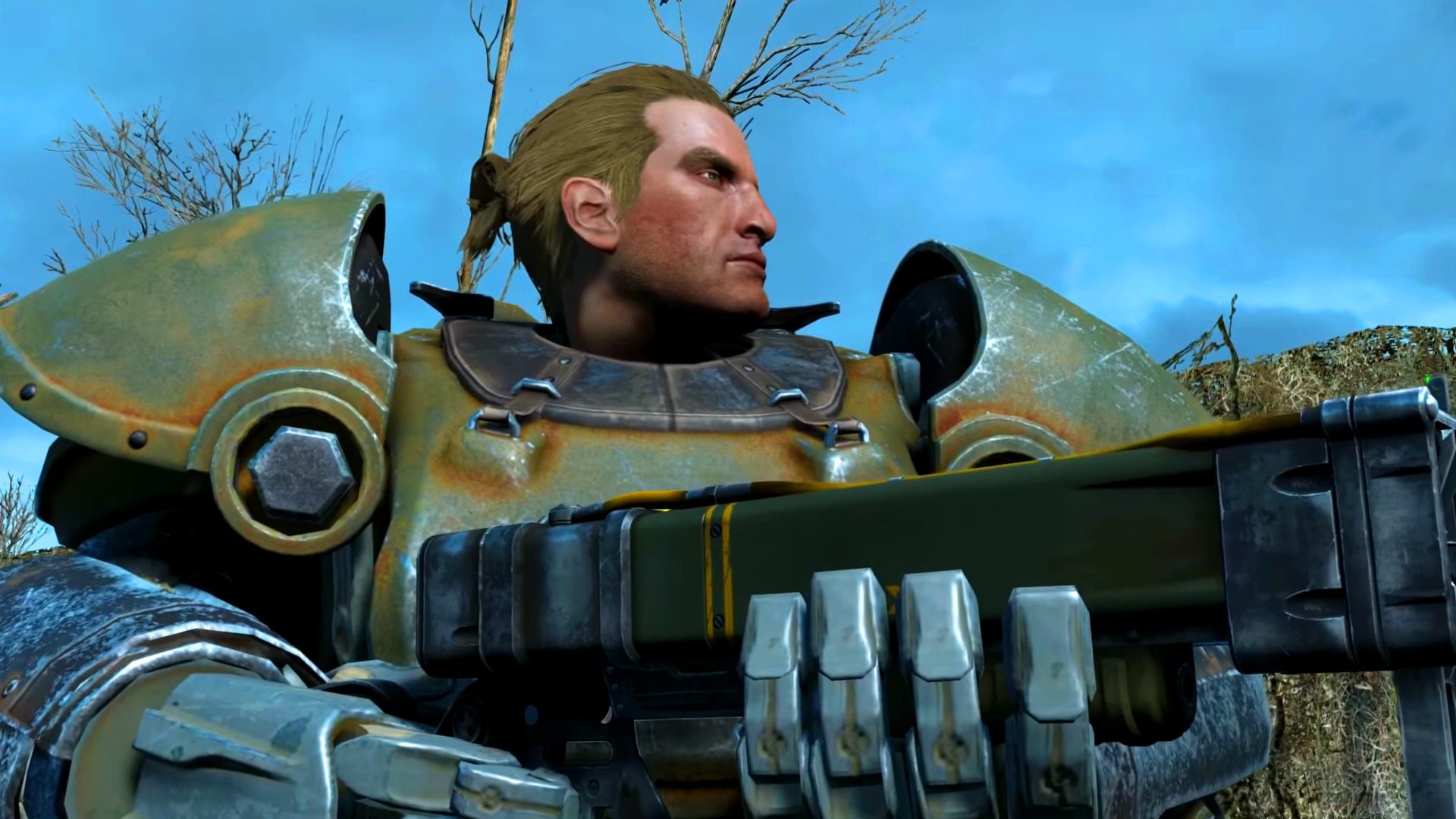 A screenshot of a white man with blonde hair in power armour from Fallout machinima series The Storyteller