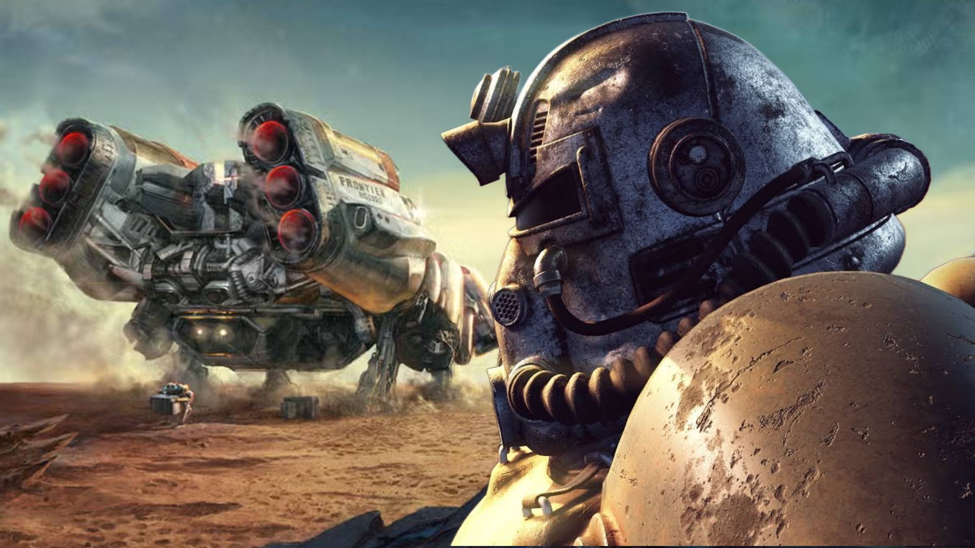 A Fallout 4 Brotherhood of Steel soldier standing next to a Starfield ship