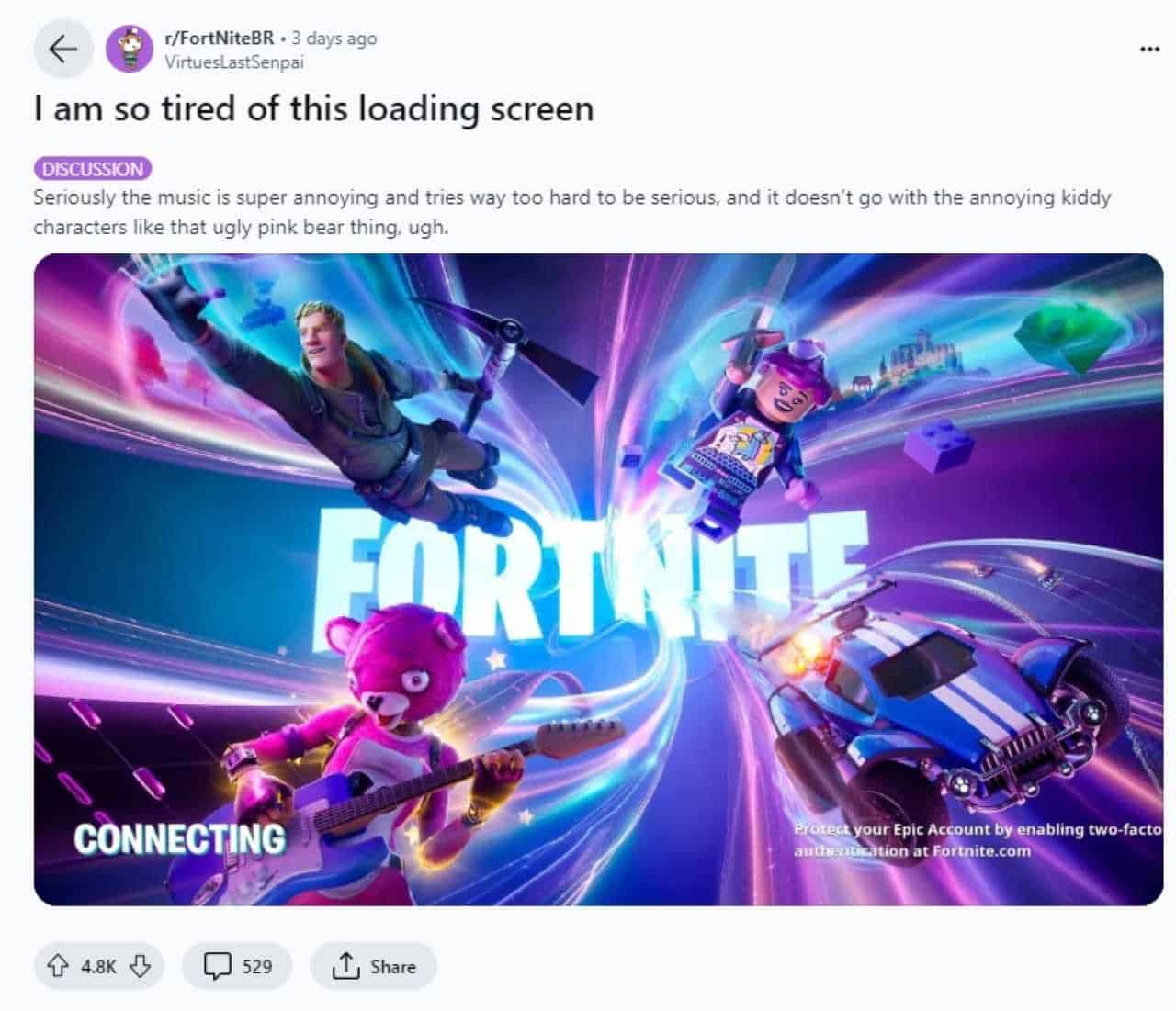 Screenshot of a Fortnite game loading screen featuring dynamic character poses and vibrant colors, with a user expressing their weariness of the screen on a social platform. Fortnite players have the weirdest complaint