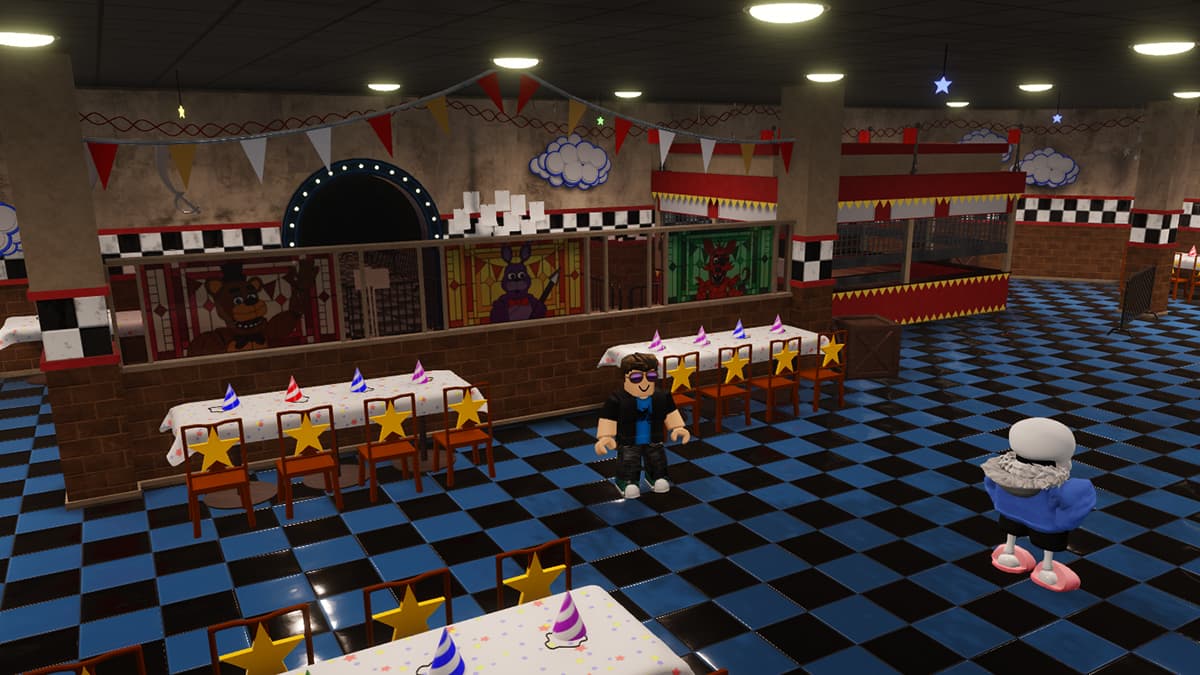 Image of the player standing in Freddy's Pizzeria in Fazbear World Tower Defense on Roblox.