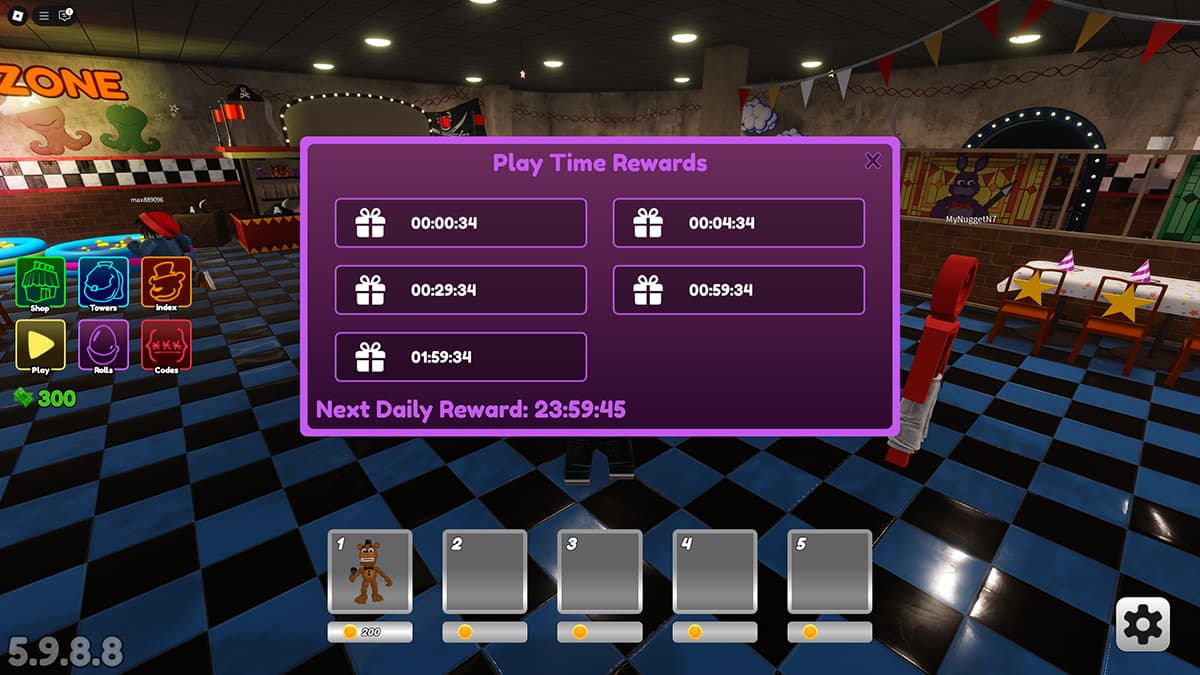Image of the Playtime Rewards screen in Fazbear World Tower Defense on Roblox.