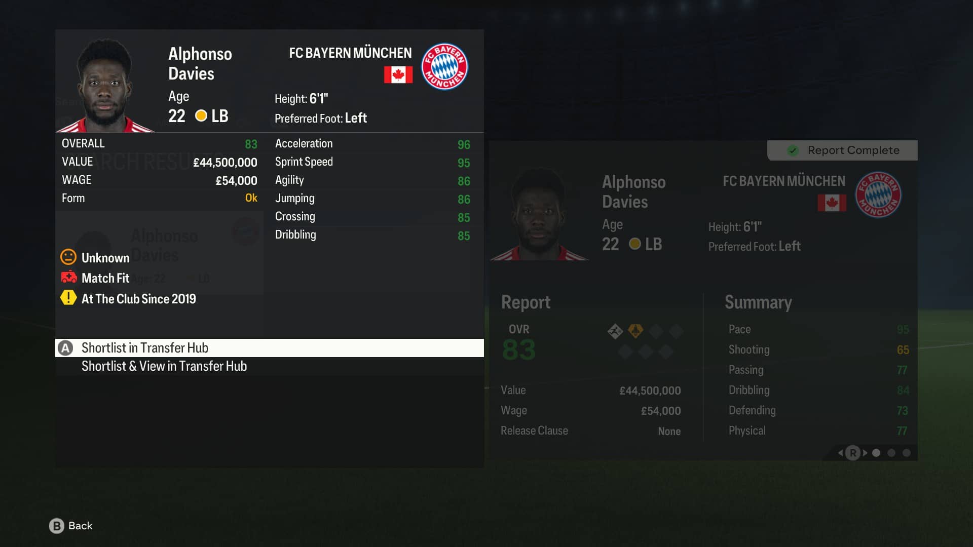 FC 24 Best Defenders: Alphonso Davies in the Career Mode transfer hub.