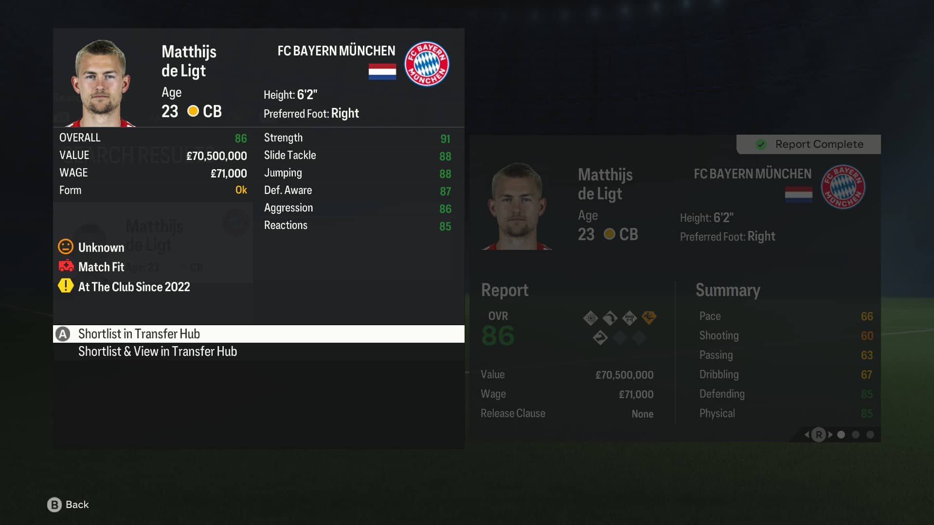 FC 24 Best Defenders: Matthijs de Ligt in the Career Mode transfer hub.