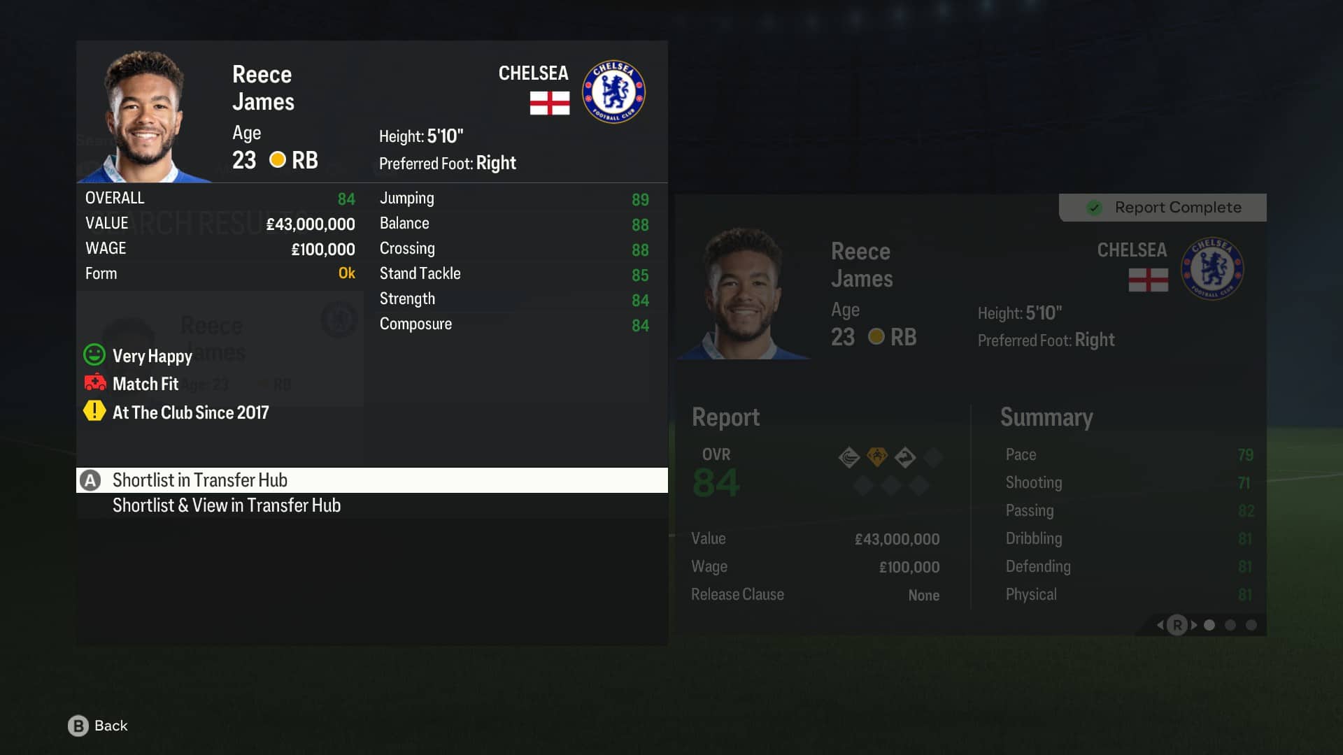 FC 24 Best Defenders: Reece James in the Career Mode transfer hub.