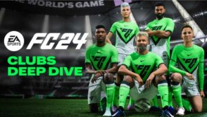 FC 24 best Pro Clubs builds: Five players in green and white kits posing on a pitch.