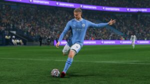 FC 24 best young players: Erling Haaland preparing to take a shot.