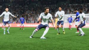 FC 24 how to add friends: Harry Kane celebrating a goal surrounded by Saka, Foden and Bellingham.