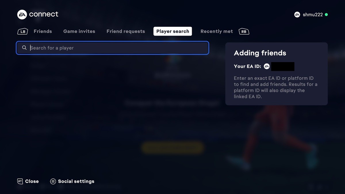 FC 24 how to add friends: The 'Player search' tab on EA Connect.