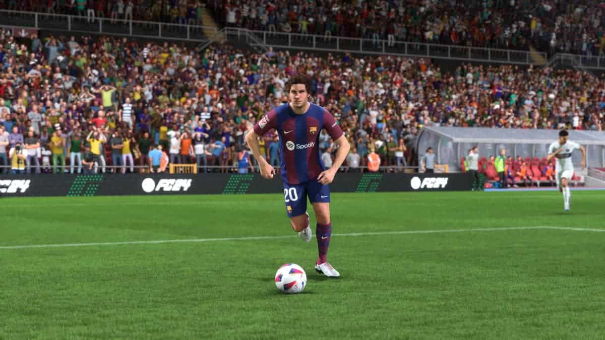 A soccer player from FC 24 is kicking a ball in front of a crowd, likely showcasing their skills for the TOTW 15.