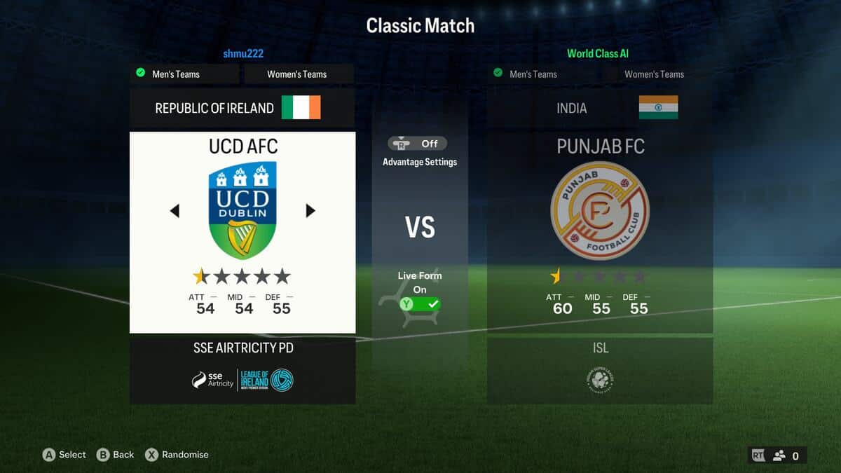 FC 24 worst teams: The Kick Off team selection screen showing UCD on the left and Punjab on the right.