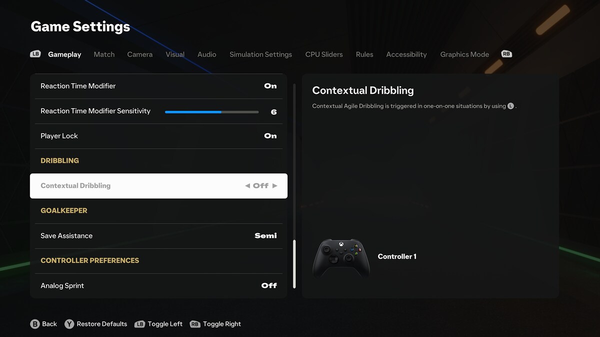 FC 25 best controller settings: The Dribbling, Goalkeeper and Controller Preferences settings in FC 25.