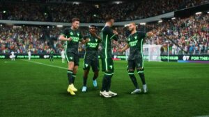 How to access FC 25 beta: Four players in dark green football kits celebrating a goal.