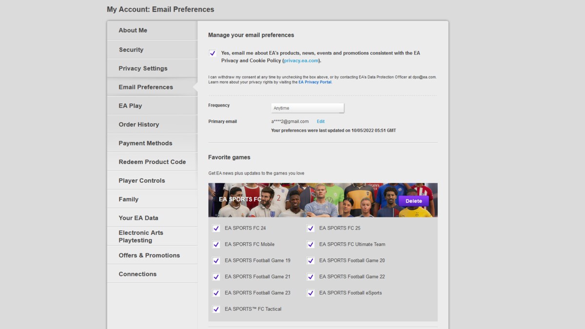How to access FC 25 beta: The email preferences menu on the EA website.