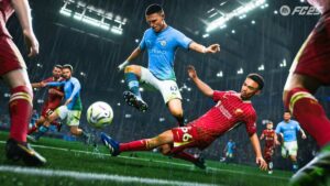 FC 25 Career Mode preview: Phil Foden jumping over a slide tackle from Trent Alexander-Arnold while surrounded by Manchester City and Liverpool players.