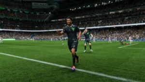 FC 25 FUT Champs start time: Jude Bellingham in a black kit celebrating a goal.