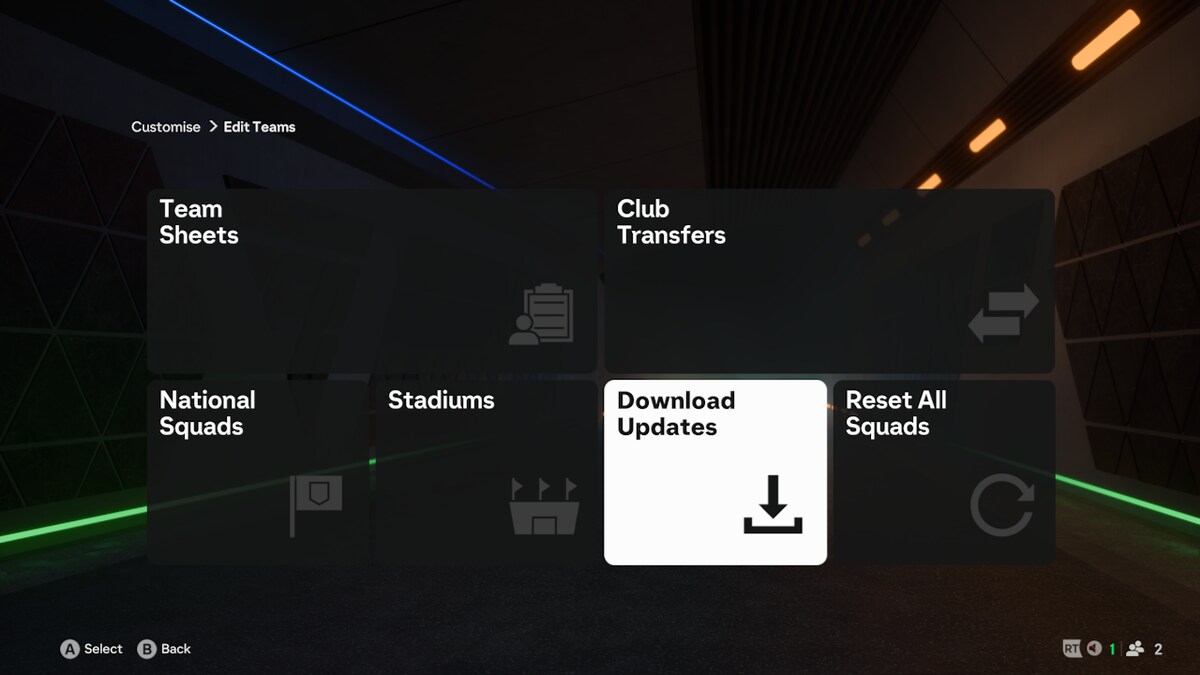 FC 25 how to update squads: A menu showing the Download Updates tab highlighted in FC 25.