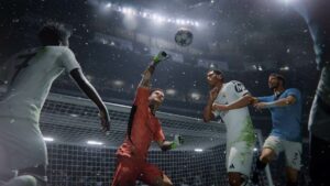 FC 25 player ratings: A group of Real Madrid and Manchester City players jump for a ball during a rainy match.