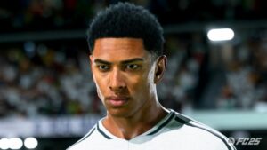 FC 25 preview: A close-up of Jude Bellingham wearing a white Real Madrid home kit.