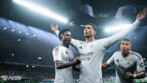 FC 25 release date: Vinicius Jr, Jude Bellingham and Kylian Mbappe celebrating a goal for Real Madrid.