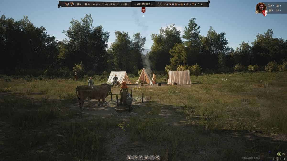 A serene camping scene in Manor Lords with three tents, a campfire, and a character standing near a horse in a forest setting.