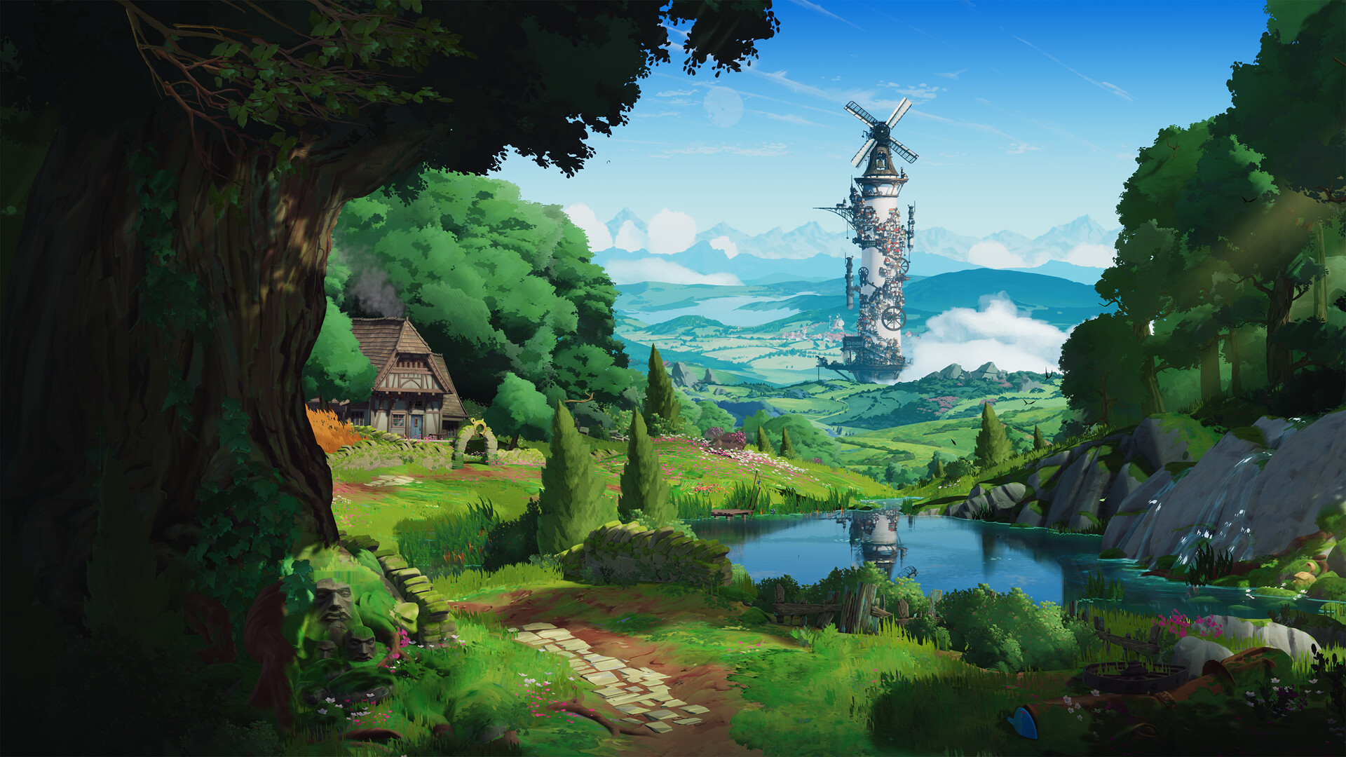 field with houses and a tower in Towerborne
