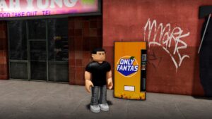 A Roblox character standing in front of a drink machine in Fight for NY.