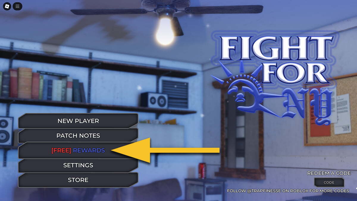 The main menu in Fight for NY, with a yellow arrow pointing to the Free Rewards button.