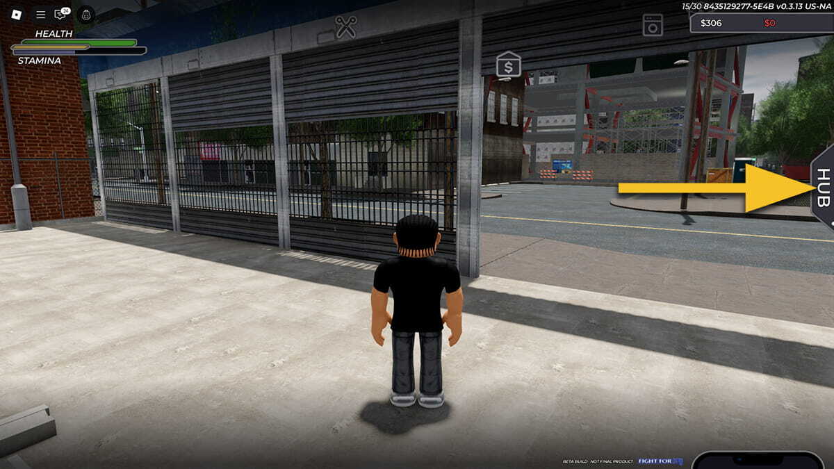 A roblox character standing in the street in Fight for NY, with a yellow arrow pointing towards the HUB button.