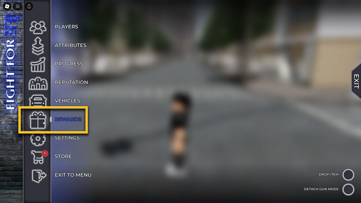 The open HUB menu in Fight for NY, showing various option, with the Rewards highlighted by a yellow box.