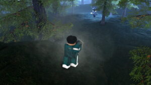 Image of the player chasing after another player in dark woods in Fight the Shooter game on Roblox.