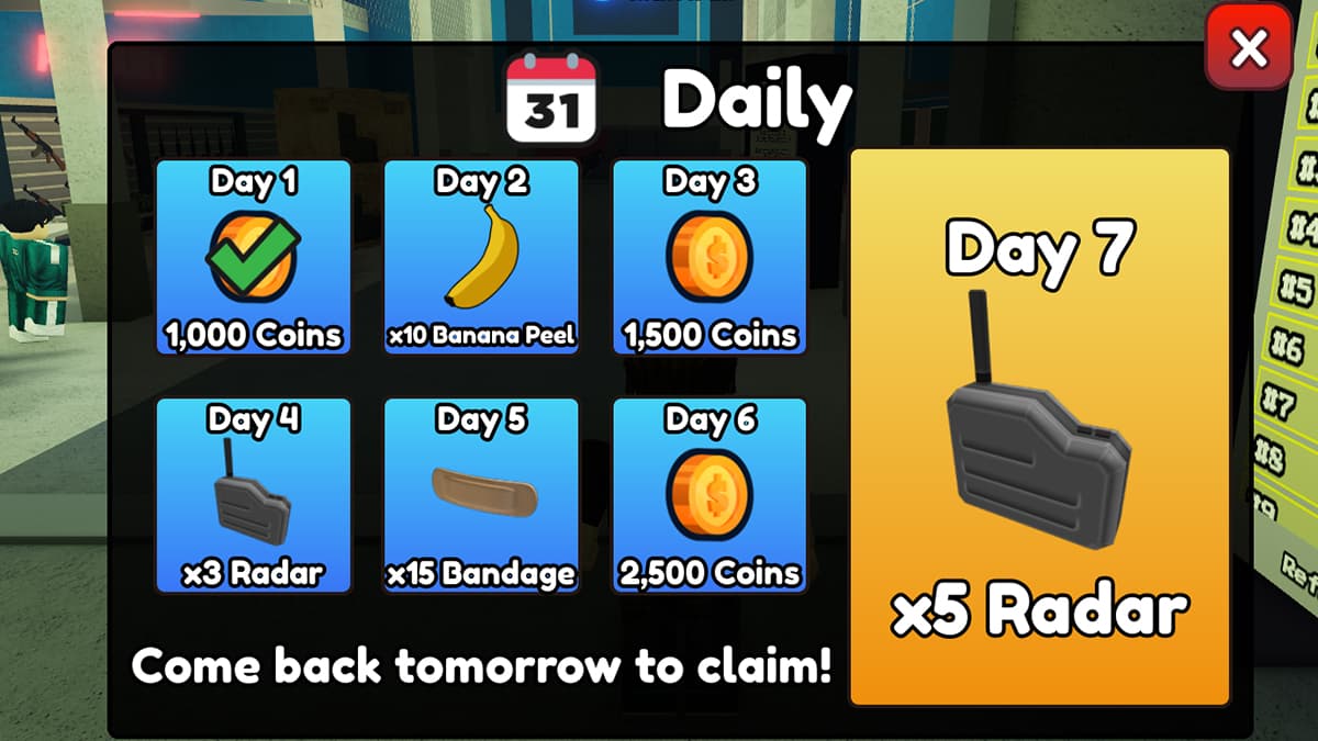Image of the Daily Rewards window in Fight the Shooter on Roblox.