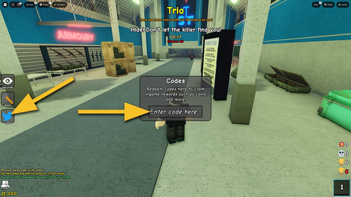 Image of the code redemption screen in Fight the Shooter on Roblox, with arrows pointing at the Twitter icon and the code input text box.