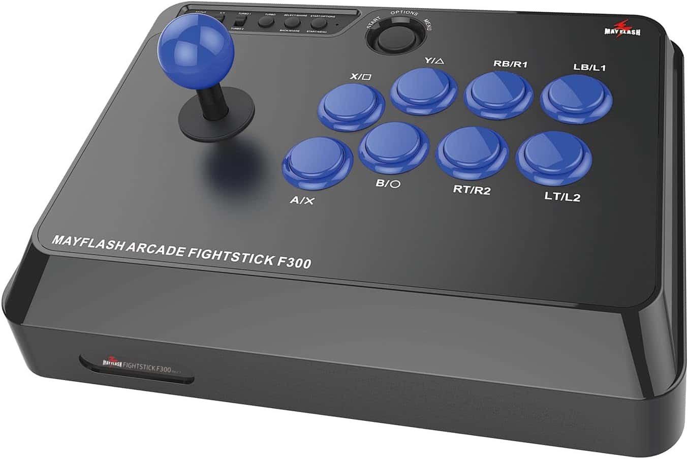 A Mayflash F300 Arcade Fight Stick featuring blue buttons.