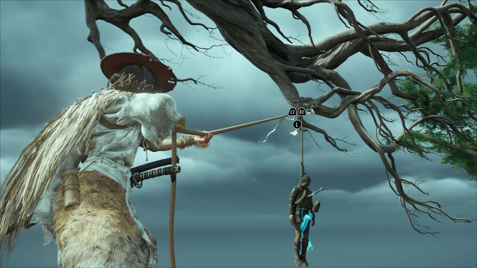 A character in rustic attire uses a hooked staff to manipulate a suspended figure caught in bare tree branches in Ghost of Yotei