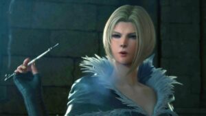 Final Fantasy 16 gameplay preview: A woman with short blonde hair smoking through a long pipe.