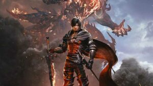 A man with a sword stands tall while a fiery demon roars in the background