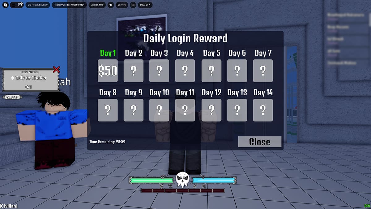 Image of the Daily Login rewards screen in Fire Force: Reignition on Roblox.