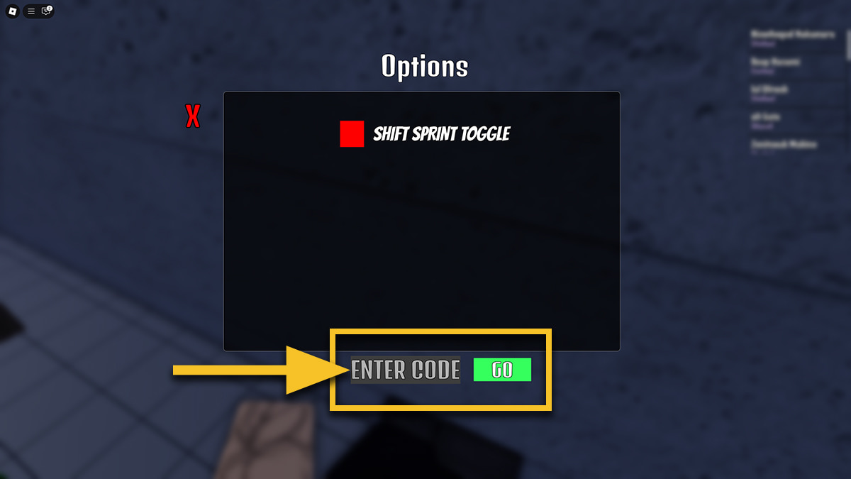Image of the Settings screen in Fire Force: Reignition on Roblox, with an arrow pointing at the codes input text box.