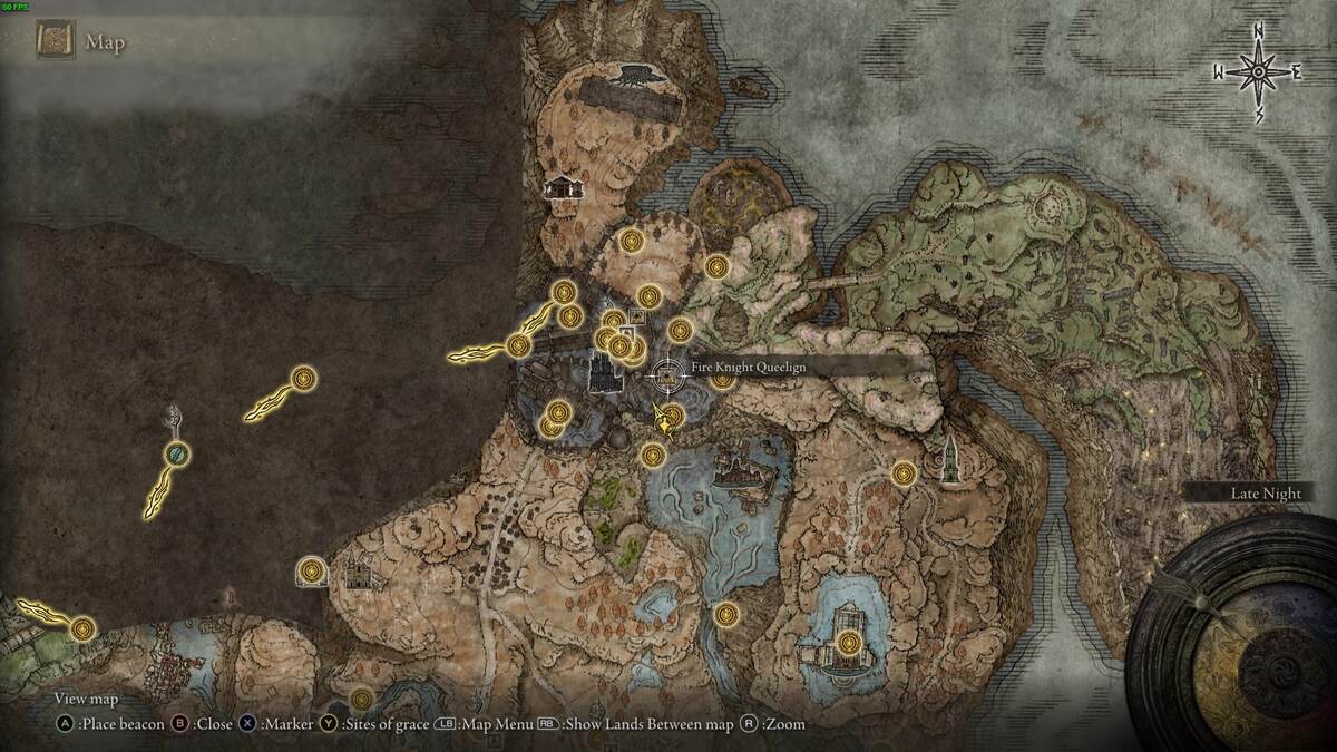 Elden Ring Shadow of the Erdtree Prayer Room Key: Tarnished and Fireknight Queelign location on map.